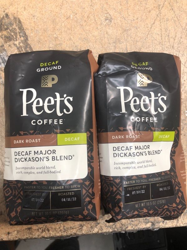 Photo 2 of 2 PACK
BEST BUY DATE 7/10/2022
Peet's Coffee, Dark Roast Decaffeinated Ground Coffee - Decaf Major Dickason's Blend 10.5 Ounce Bag, Packaging May Vary
