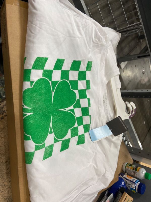 Photo 3 of 6 of- Women's St. Patrick's Day Short Sleeve Oversized Graphic T-Shirt - White Checkered- L/XL 
