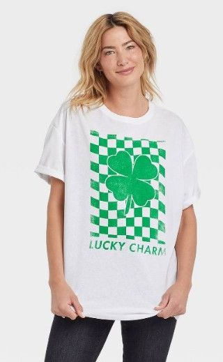 Photo 1 of 6 of- Women's St. Patrick's Day Short Sleeve Oversized Graphic T-Shirt - White Checkered- L/XL 
