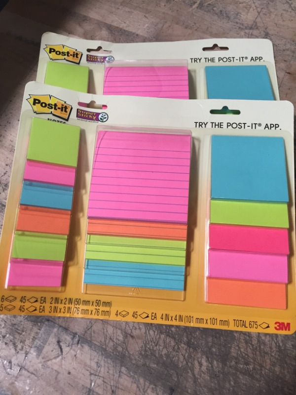 Photo 2 of 2- Post-it Super Sticky Notes, Assorted Sizes, 15 Pads, 2x the Sticking Power, Miami Collection, Neon Colors (Orange, Pink, Blue, Green), Recyclable (4423-15SSMIA)