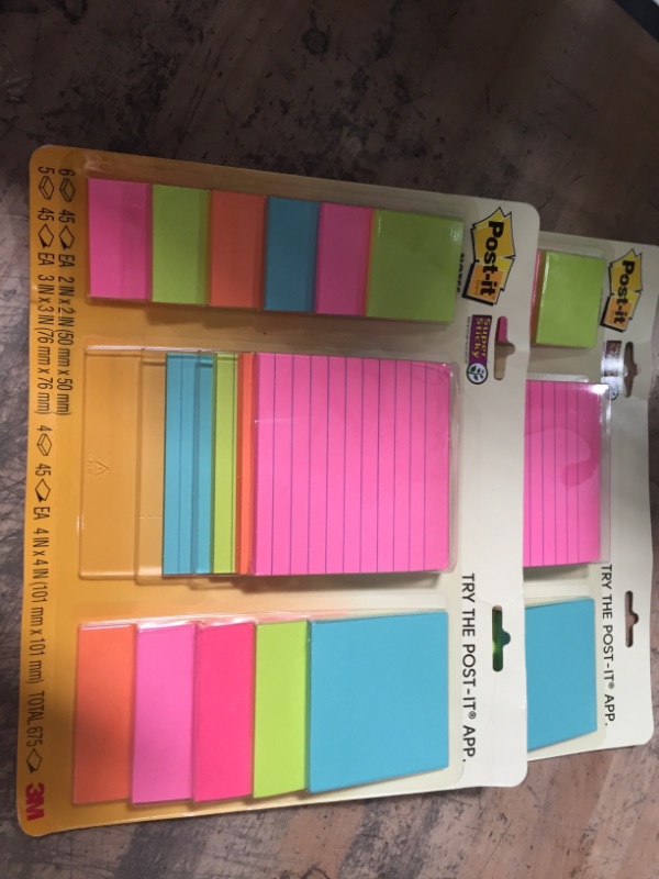 Photo 2 of 2- Post-it Super Sticky Notes, Assorted Sizes, 15 Pads, 2x the Sticking Power, Miami Collection, Neon Colors (Orange, Pink, Blue, Green), Recyclable (4423-15SSMIA)