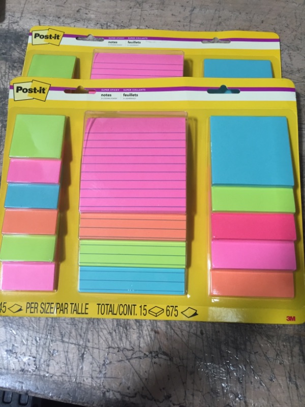 Photo 2 of 2- Post-it Super Sticky Notes, Assorted Sizes, 15 Pads, 2x the Sticking Power, Miami Collection, Neon Colors (Orange, Pink, Blue, Green), Recyclable (4423-15SSMIA)