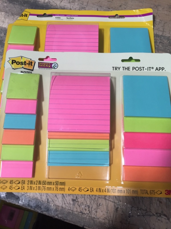 Photo 2 of 2- Post-it Super Sticky Notes, Assorted Sizes, 15 Pads, 2x the Sticking Power, Miami Collection, Neon Colors (Orange, Pink, Blue, Green), Recyclable (4423-15SSMIA)