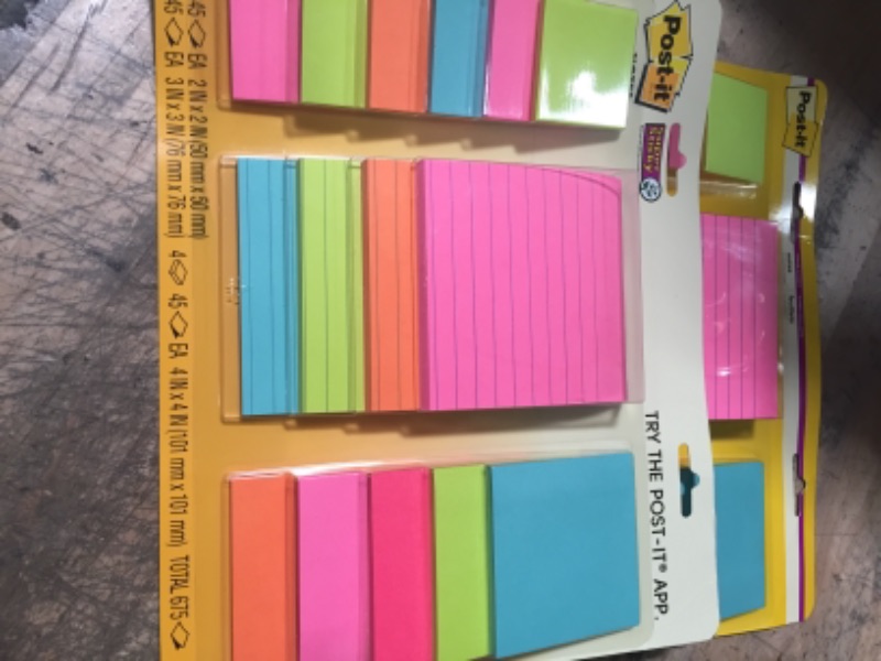 Photo 2 of 2- Post-it Super Sticky Notes, Assorted Sizes, 15 Pads, 2x the Sticking Power, Miami Collection, Neon Colors (Orange, Pink, Blue, Green), Recyclable (4423-15SSMIA)