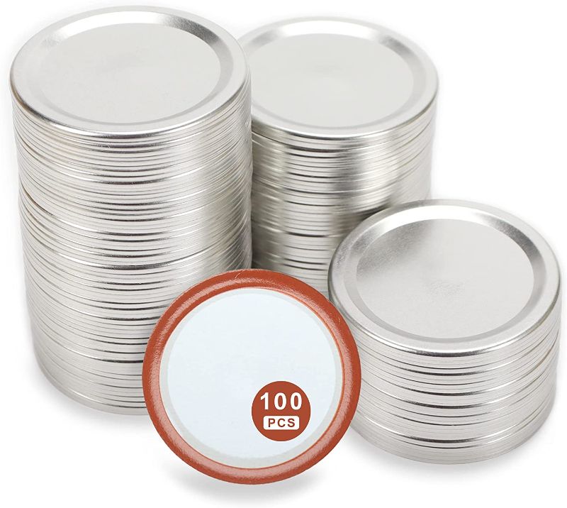 Photo 1 of 2- 120Pcs Regular Mouth Canning Lids for Ball Kerr Jars, Mason Jar Lids with Silicone Seals Rings, Split-Type Metal Canning Lids Leak Proof, Food Grade Material