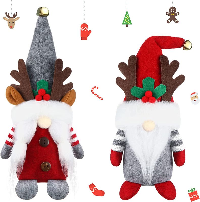 Photo 1 of 2 Pieces Gnome Christmas Decorations Christmas Gnome Christmas Plush Elf Doll Reindeer Gnome Christmas Tree Topper for Christmas Tree Holiday Home Decor (Classic Style)