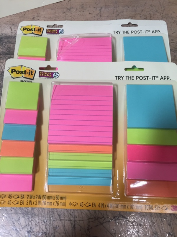 Photo 2 of 2- Post-it Super Sticky Notes, Assorted Sizes, 15 Pads, 2x the Sticking Power, Miami Collection, Neon Colors (Orange, Pink, Blue, Green), Recyclable (4423-15SSMIA)