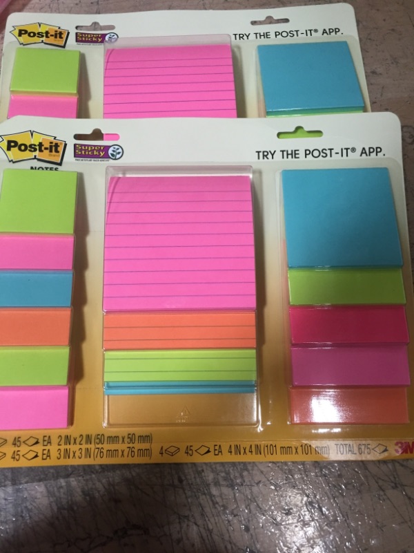 Photo 2 of 2-  Post-it Super Sticky Notes, Assorted Sizes, 15 Pads, 2x the Sticking Power, Miami Collection, Neon Colors (Orange, Pink, Blue, Green), Recyclable (4423-15SSMIA)