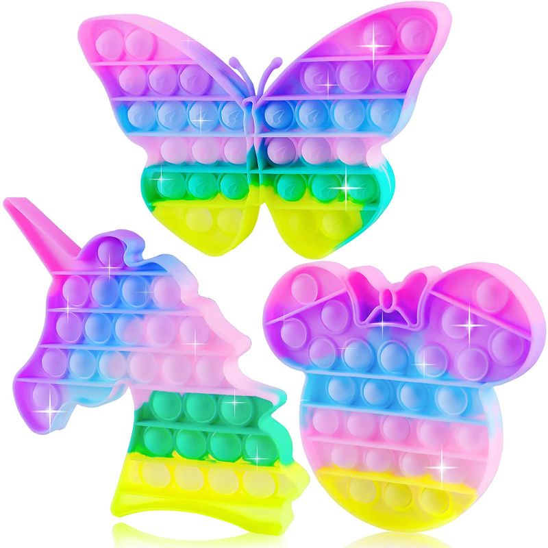 Photo 1 of 2-Aucma 3 Pack Pop Toy, Popper Push Squeeze Sensory Bubble Anxiety Stress Relief Pops Popet Popers Kid Girls, Its Macaron Rainbow Butterfly Mouse Unicorn Gift Easter