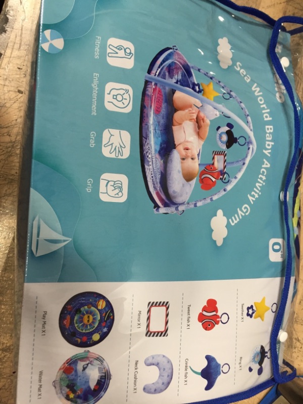 Photo 1 of Babelio Baby Gym Mat & Tummy Time Water Mat 2 in 1, 3 Different Assembly Methods, 6 Activity Play Mat Toys, Sensory Development and Fun Experience for Infant, 33.5" x 33.5"