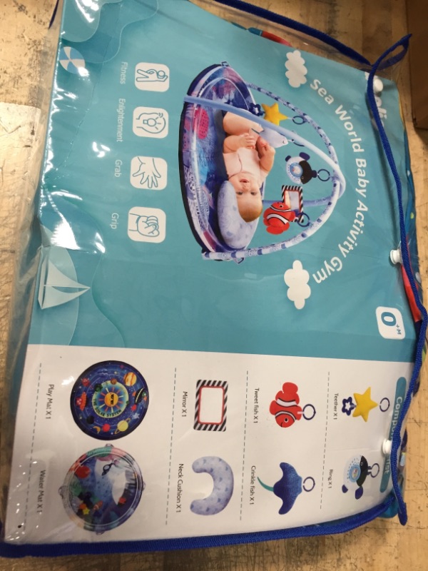 Photo 2 of Babelio Baby Gym Mat & Tummy Time Water Mat 2 in 1, 3 Different Assembly Methods, 6 Activity Play Mat Toys, Sensory Development and Fun Experience for Infant, 33.5" x 33.5"