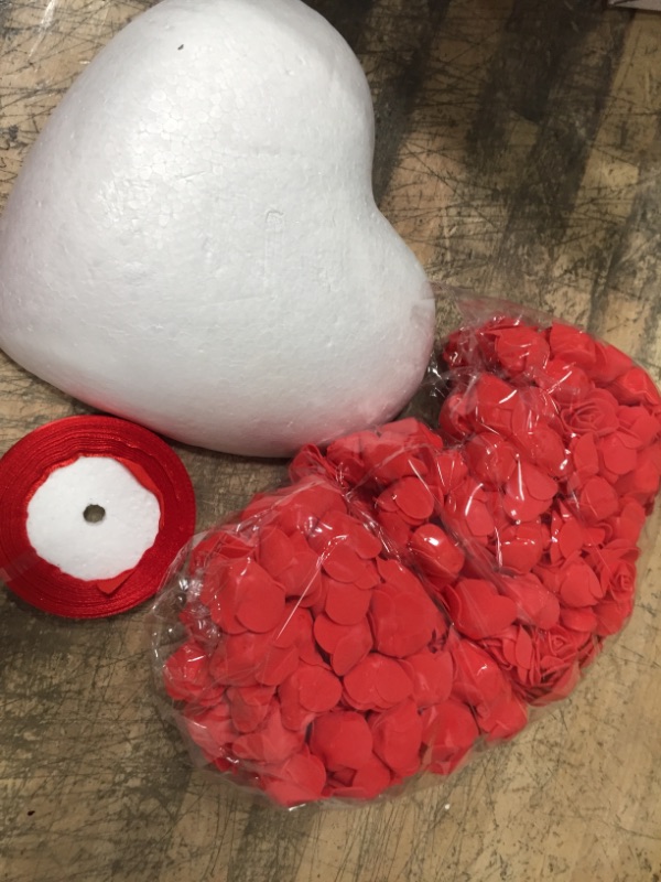 Photo 2 of 2 sets - Heart Shaped Styrofoam Blank White Foam Hearts 400 Pieces Artificial Cake Decorating Flowers Imitation Foam Roses and Red Ribbon for DIY Craft Modeling Wedding Birthday Party Decoration