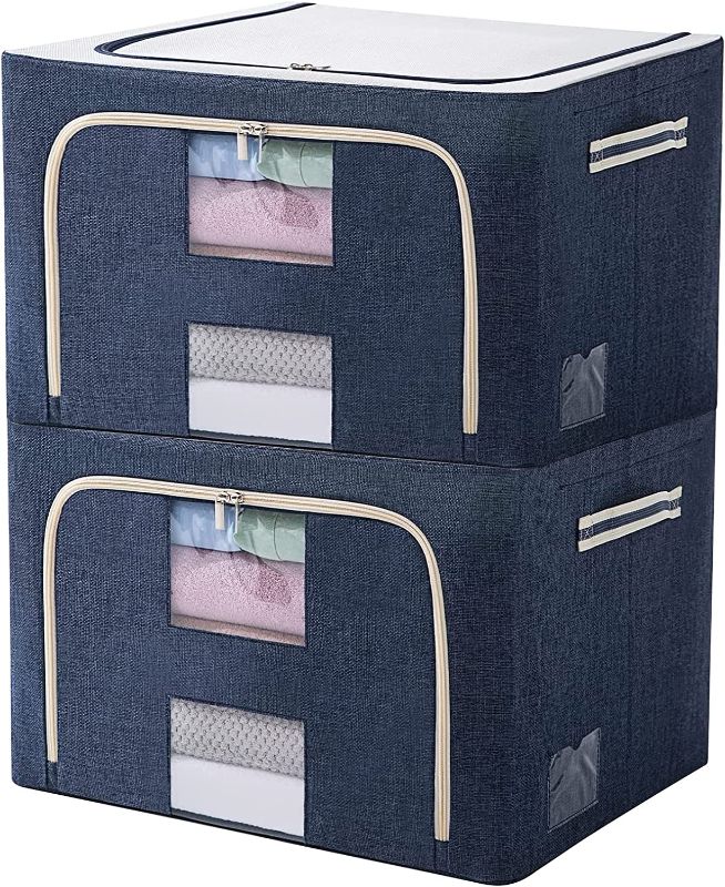 Photo 1 of 2 Pack Clothes Storage Bins - Foldable Large Capacity Metal Frame Storage Box Stackable Linen Fabric Storage Container With Carrying Handle &Clear Window (Blue, 19.8×15.8×13 IN (66L))