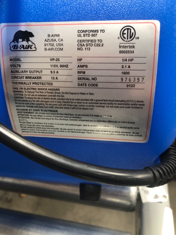 Photo 3 of B-Air VP-25 1/4 HP 900 CFM Air Mover blue