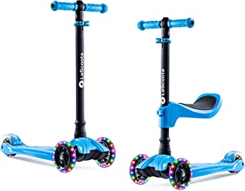 Photo 1 of LaScoota 2-in-1 Kids Kick Scooter, Adjustable Height Handlebars and Removable Seat, 3 LED Lighted Wheels and Anti-Slip Deck, for Boys & Girls Aged 3-12 and up to 100 Lbs.