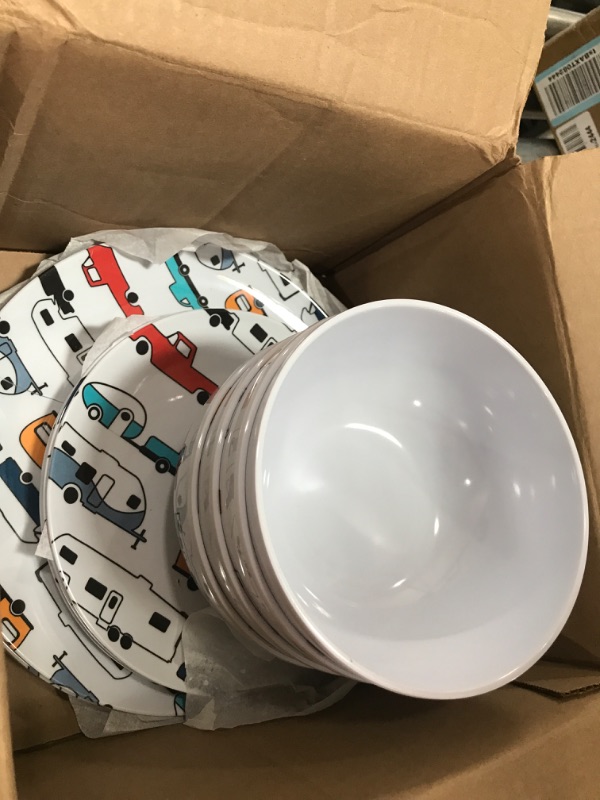 Photo 2 of Camco Life is Better at The Campsite Bowl- White with Multicolor Retro RV, Trailer and Camper Print , Great for Cereal, Fruit and Desert BPA Free, Melamine(53222) ***,4 small bowl, 4 Small Plate and 4 of larger plate*** Total of 12***