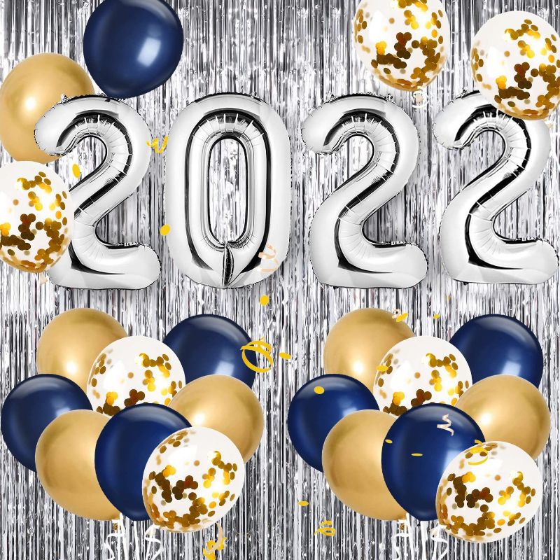 Photo 1 of 2 PACK*
Graduation Party Supplies 2022- 40 Inch Silver Foil 2022 Balloons with 7 Gold Confetti Balloons,Blue and Gold Latex Balloons, 1 Metallic Curtain for Graduation Balloon Decorations, Class Of 2022 Grad Party Decor
