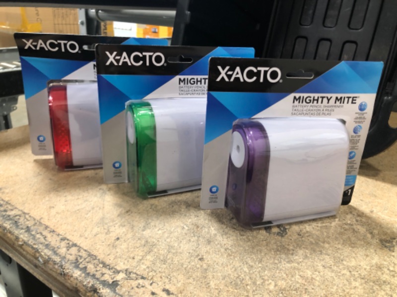 Photo 2 of 3 PACK: X-Acto, Assorted 2012686 Mighty Mite Battery Pencil, Prevents Over Sharpening, Colors, 4-3/4 L x 2-3/4 W x 4 H
