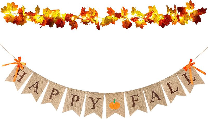 Photo 1 of 2 PACK*
Thanksgiving Maple Leaf Garland Artificial Fall Foliage Garland and 20 LEDs String Light and Happy Fall Burlap Banner Thanksgiving Pumpkin Bunting Flag Garland for Autumn Thanksgiving Window Decor
