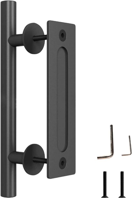 Photo 1 of Arinbow 12 Inch Sliding Barn Door Handle, Pull and Flush Hardware Set, Black Powder Coated Finish, Large Rustic Two-Side Design
