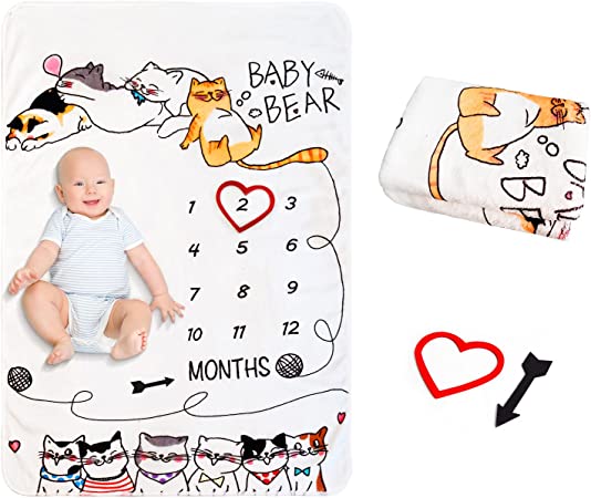 Photo 1 of ebemate Baby Monthly Milestone Blanket Cartoon Animal Cat with Month Frame Baby Growth Chart Blanket Photo Prop Boy & Girl Newborn Baby Month Blanket Baby Boy Gifts Baby Shower for Baby 30x40
