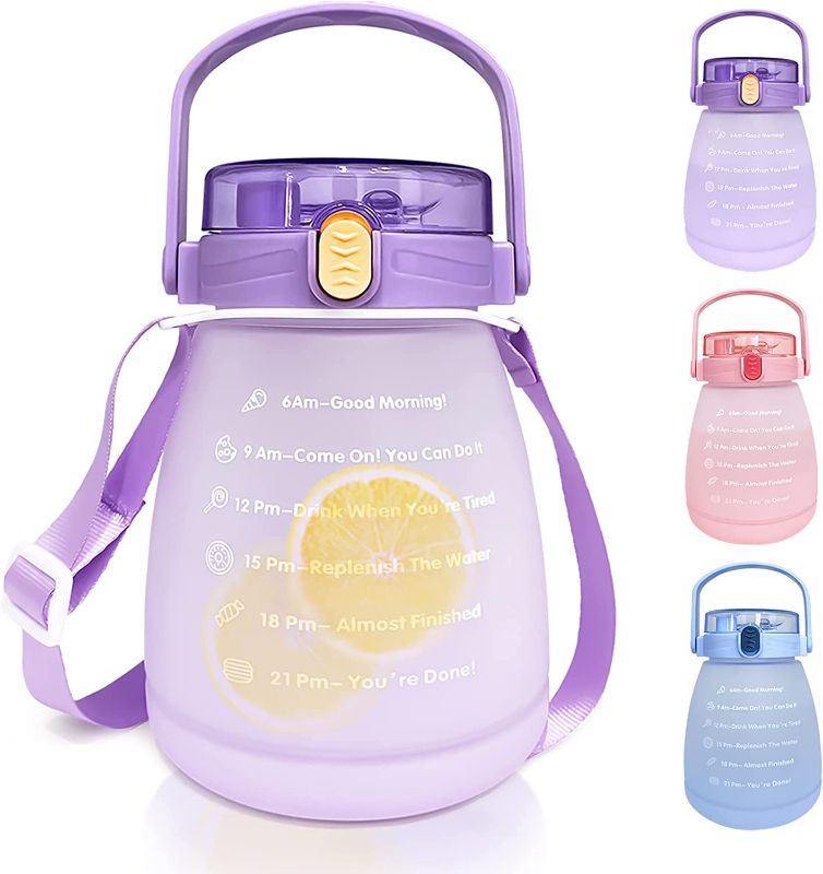 Photo 1 of  Large Capacity kawaii Bottles with Time Marker Straw and Shoulder Strap purple set of 3