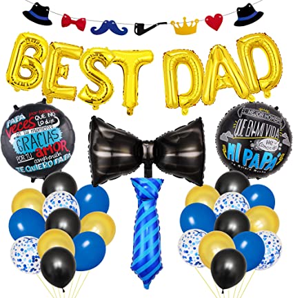 Photo 1 of 5 PACK: Fathers Day Balloons Decorations, Best Dad Balloons Fathers Day Banner 36" Black Bow 24" Blue Tie Foil Balloon Black Blue Gold Confetti Balloons for Fathers Day Party Supplies Favors

