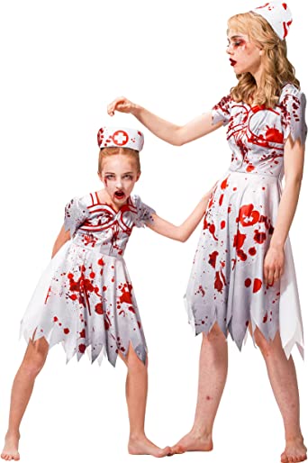 Photo 1 of IKALI Zombie Halloween Costume, Girls Boys Women Cheerleader High School Prisoner Bride Nurse Bloody Kids Fancy Dress Outfit Large
