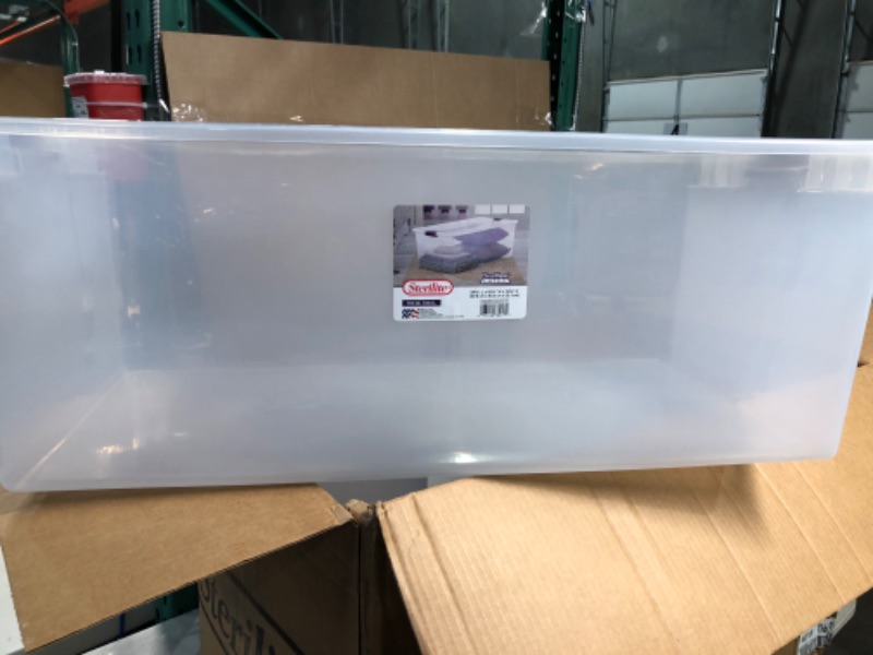 Photo 4 of **CRACK IN ONE CONTAINER**
Sterilite 110 Quart/104 Liter ClearView Latch Box, Clear with Sweet Plum Latches