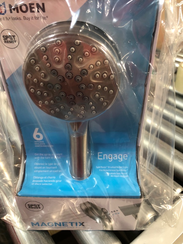Photo 2 of Moen Engage Magnetix Spot Resist Brushed Nickel 3.5-Inch Six-Function Eco-Performance Handheld Showerhead with Magnetic Docking System, 26100EPSRN Showerhead Spot Resist Brushed Nickel Eco Performance