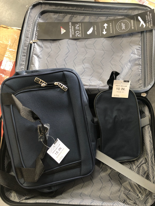 Photo 3 of 3 piece Travelers Club Sky Luggage Set Navy Blue 20" Carry on luggage, 15" Boarding tote, and 10" Travel kit toiletry case