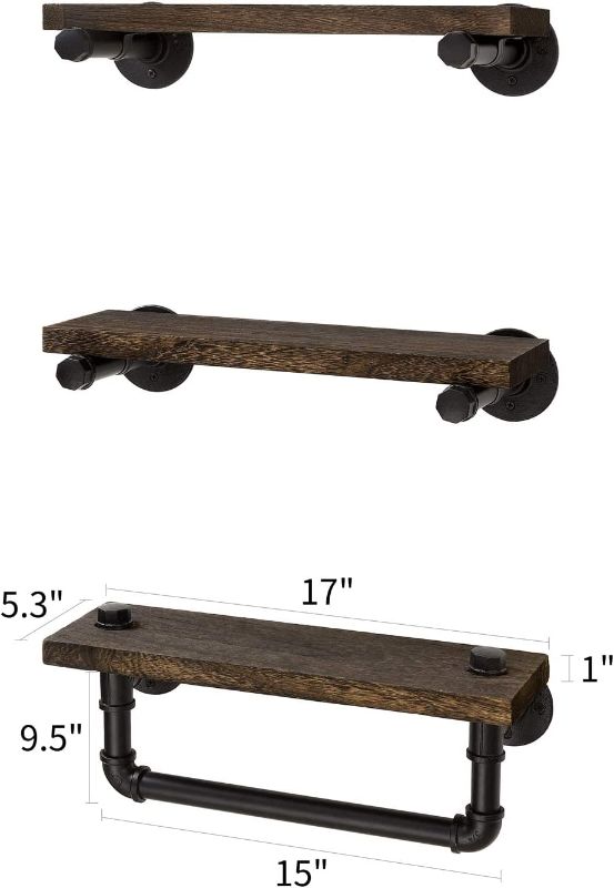 Photo 1 of  Floating Shelves with Industrial Pipe Brackets and Towel Bar, Set of 3 Rustic