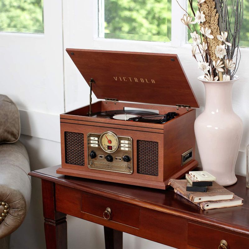 Photo 2 of Victrola Nostalgic 6-in-1 Bluetooth Record Player & Multimedia Center with Built-in Speakers - 3-Speed Turntable, CD & Cassette Player, FM Radio | Wireless Music Streaming | Mahogany Mahogany Entertainment Center