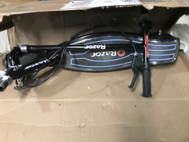 Photo 2 of **USED** NO CHARGER**HAND CONTROL IS BROKEN** BOX IS DAMAGED** Razor E100 Electric Scooter for Kids Ages 8+ - 8" Pneumatic Front Tire, Hand-Operated 