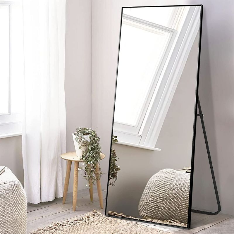 Photo 1 of NeuType Full Length Mirror, 64" x 21" Aluminum Alloy Frame Floor Mirror with Stand, Large Bedroom Mirror, Free Standing or Wall Mounted or Leaning Against Wall, Black
