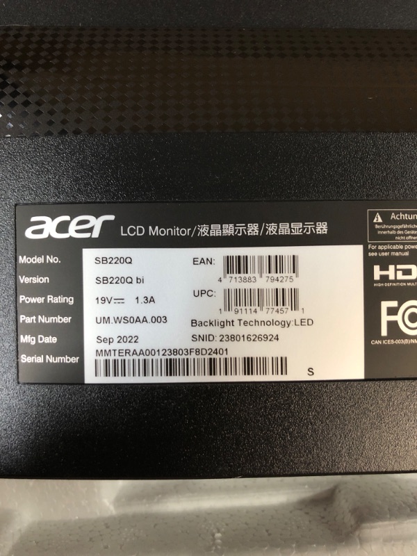 Photo 3 of *USED* Acer 21.5 Inch Full HD (1920 x 1080) IPS Ultra-Thin Zero Frame Computer Monitor (HDMI & VGA Port), SB220Q bi
