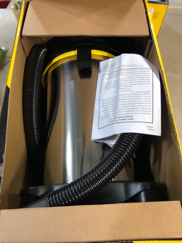 Photo 2 of **USED** SMALL DENTED ONSIDE** Stanley - SL18129 Wet/Dry Vacuum, 4 Gallon, 4 Horsepower, Stainless Steel Tank Silver+yellow