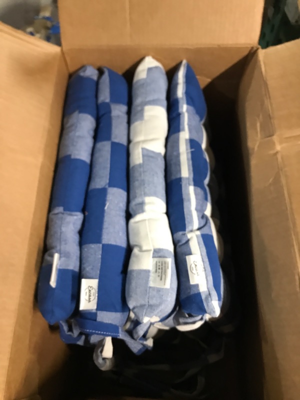 Photo 2 of *USED/SEE NOTES* Encasa Homes 4 pcs Chair Cushions 40 x 40 cm with Ties - Buffalo Blue Checks - Cotton Fabric, Rich Square Seat Cushions with Thick Fiber Filling, Large Size 