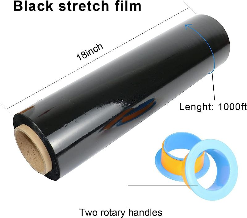 Photo 3 of 4 Pack Black Stretch Wrap Industrial Strength with Plastic Handle 18" x 1000 Feet 80 Gauge, Plastic Pallet Supplies 