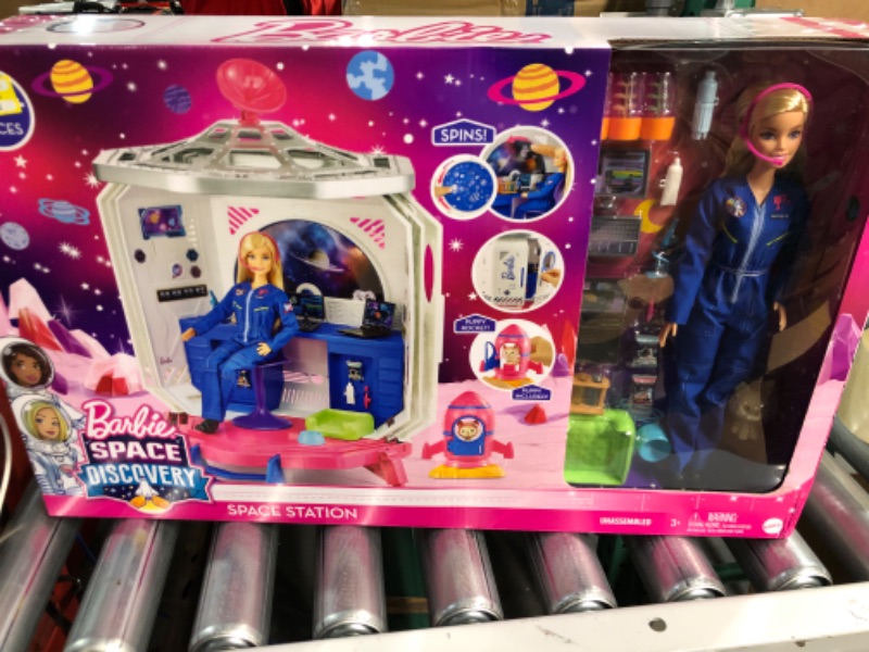 Photo 2 of *NEW* Barbie Space Discovery Space Station Playset with Space Explorer Doll, Puppy, Workstation, Satellite Space Scenes & 20 Space Station 