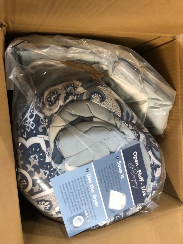 Photo 2 of 510 DESIGN Luxe Quilted Comforter Set Modern Transitional Design, All Season Down Alternative Warm Bedding Matching Shams, Bedskirt, Decorative Pillow, King, Shawnee Scrollwork Blue Shawnee Scrollwork Blue King