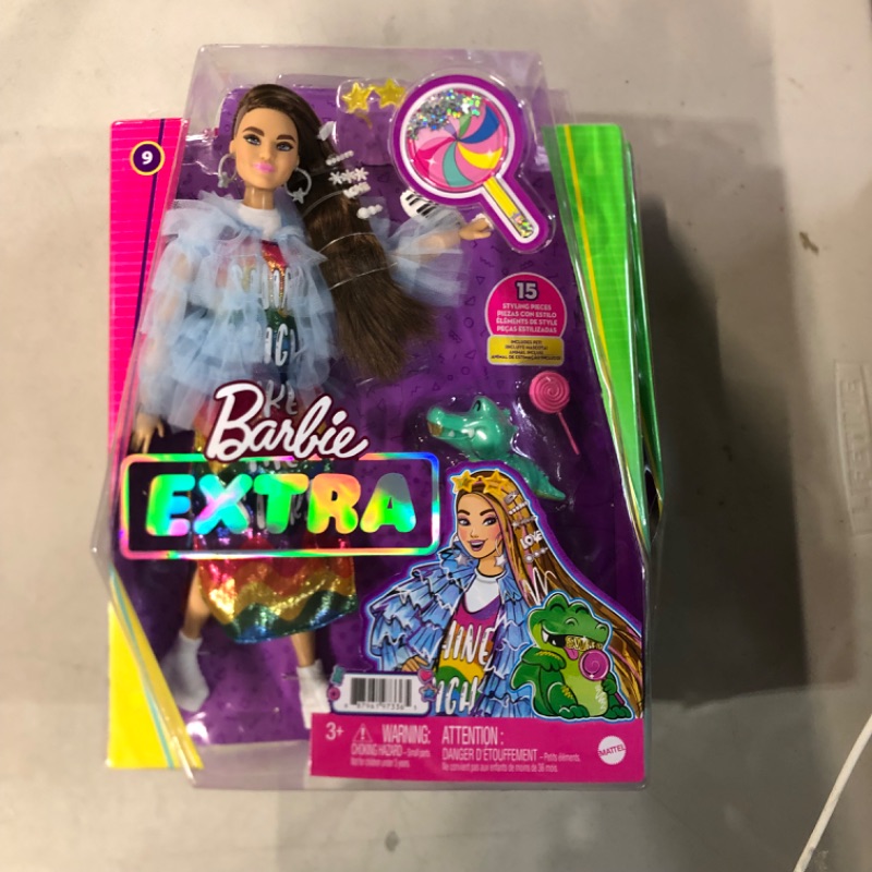 Photo 2 of Barbie Extra Doll #9 in Blue Ruffled Jacket with Pet Crocodile, Long Brunette Hair with Bling Hair Clips, Layered Outfit & Accessories,  Kids 3 Years Old & Up