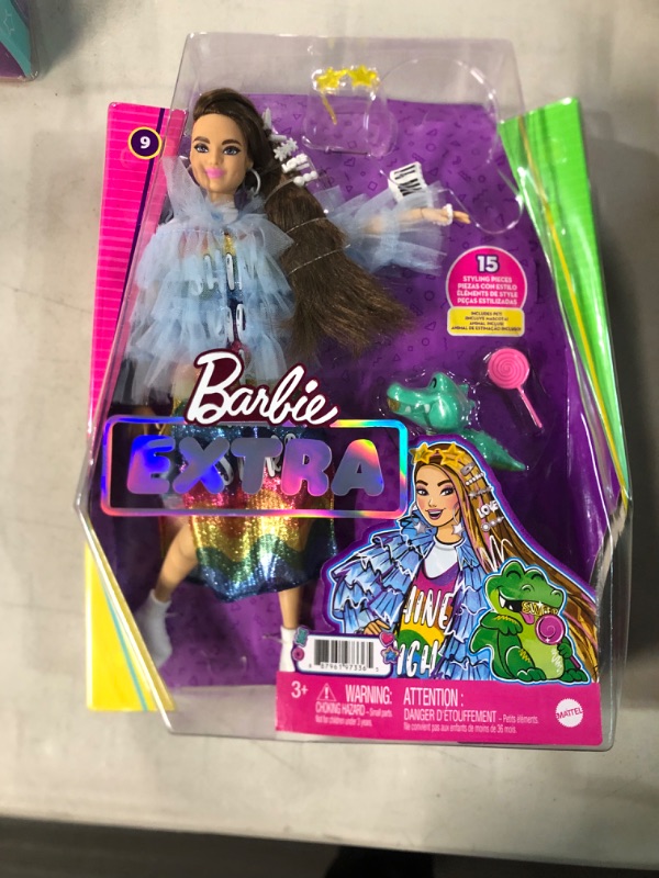 Photo 2 of Barbie Extra Doll #9 in Blue Ruffled Jacket with Pet Crocodile, Long Brunette Hair with Bling Hair Clips, Layered Outfit & Accessories, Multiple Flexible Joints, Gift for Kids 3 Years Old & Up , White