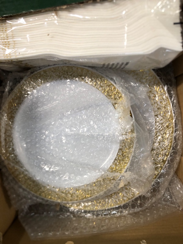 Photo 3 of 175 Piece Gold Dinnerware Set 25 Guest-50 Gold Grid Plastic Plates-25 Gold Plastic Silverware-25 Gold Plastic Cups-25 Linen Like Gold Paper Napkins, FOCUSLINE Disposable Dinnerware Set 175Pack Gold Dinnerware Set