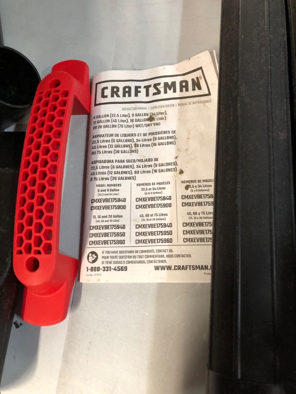 Photo 5 of ****PARTS ONLY*** CRAFTSMAN CMXEVBE18595 16 Gallon 6.5 Peak HP Wet/Dry Vac, Heavy-Duty w/Dust Bags