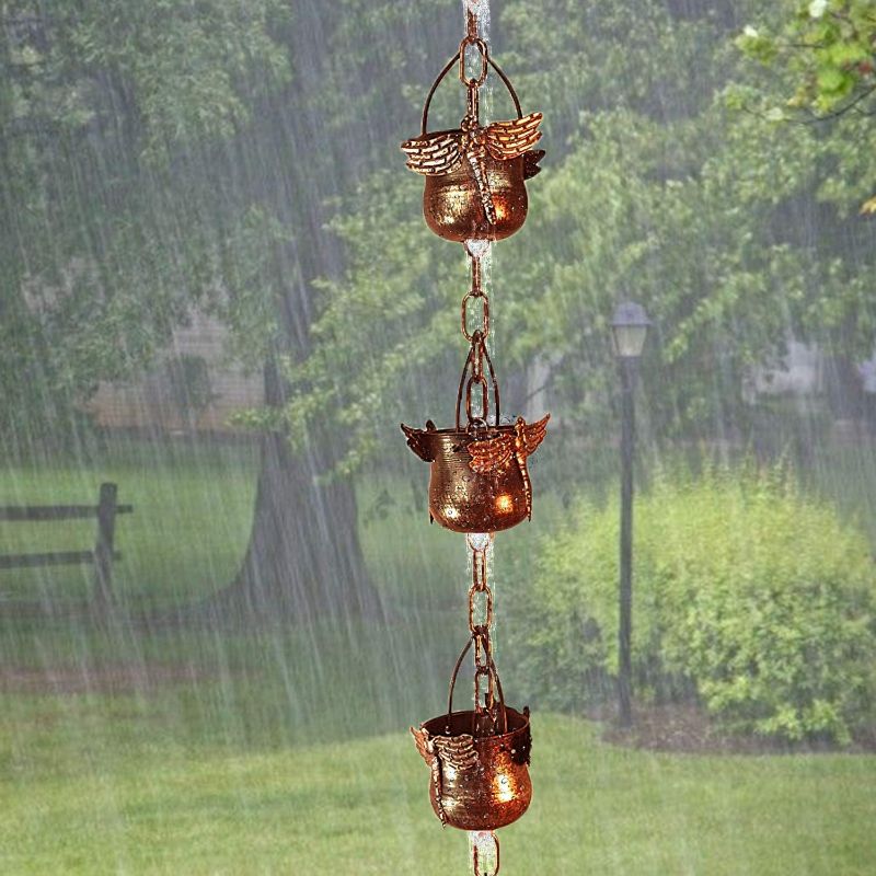 Photo 1 of  Rain Chain - Solid Metal Hand Craft Garden Decoration (Dragonfly Rain Chain; Brown)