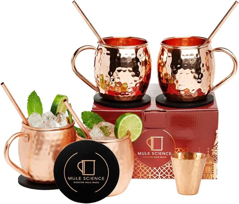 Photo 1 of [Gift Set] Mule Science Moscow Mule Mugs Set of 4 | 100% Handcrafted | Food Safe | Copper Mugs with Bonus Accessories | Tarnish Resistant Copper Cups | 16 oz.
