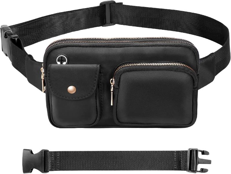 Photo 1 of Geestock Black Fanny Pack with Extender Strap, Fashion Belt Bag for Women Men, Waterproof Small Waist Bag for Hiking, Running Belt Cute Fannie Pack Hip Pack Gift Cangureras Para Hombres