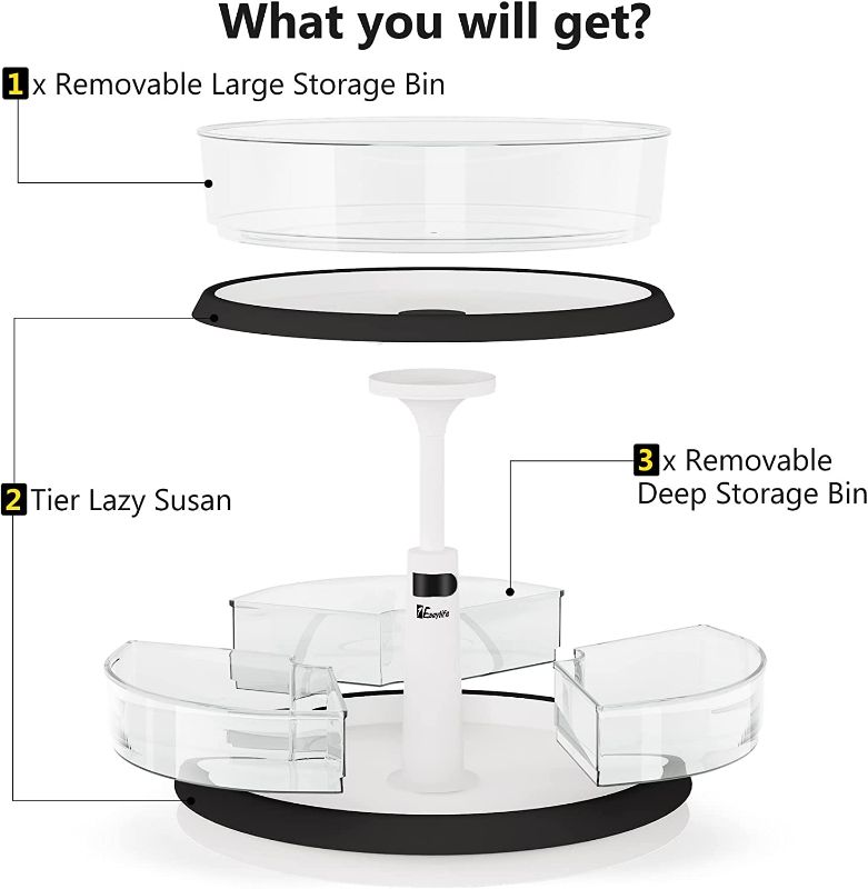 Photo 1 of 
2-Tier Lazy Susan Turntable and Height Adjustable Cabinet Organizer with 1x Large Bin and 3 x Divided Bins,