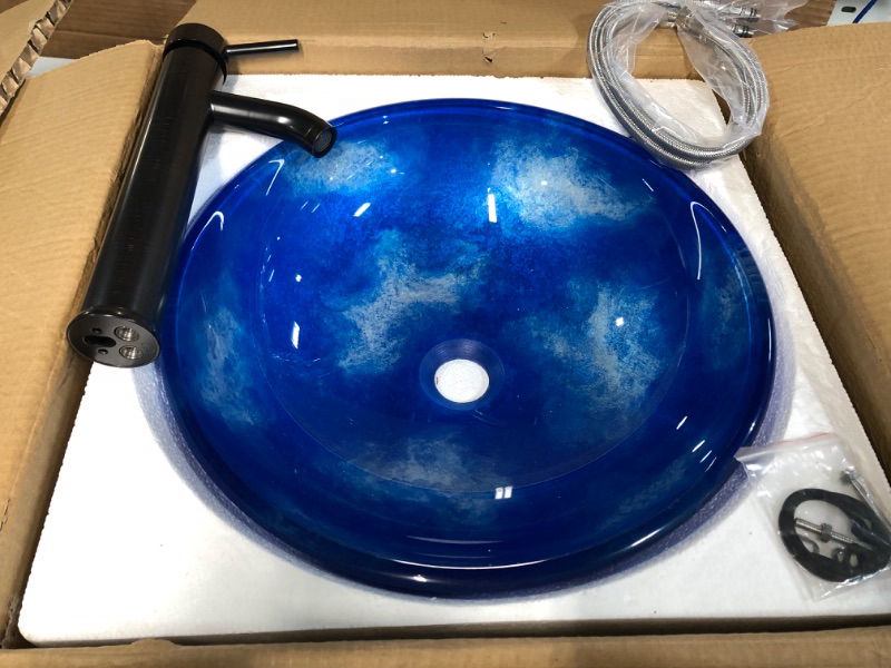 Photo 2 of Artistic Vessel Sink Bathroom Tempered Glass Vanity Round Bowl with Oil Rubber Bronze Faucet Blue Textured